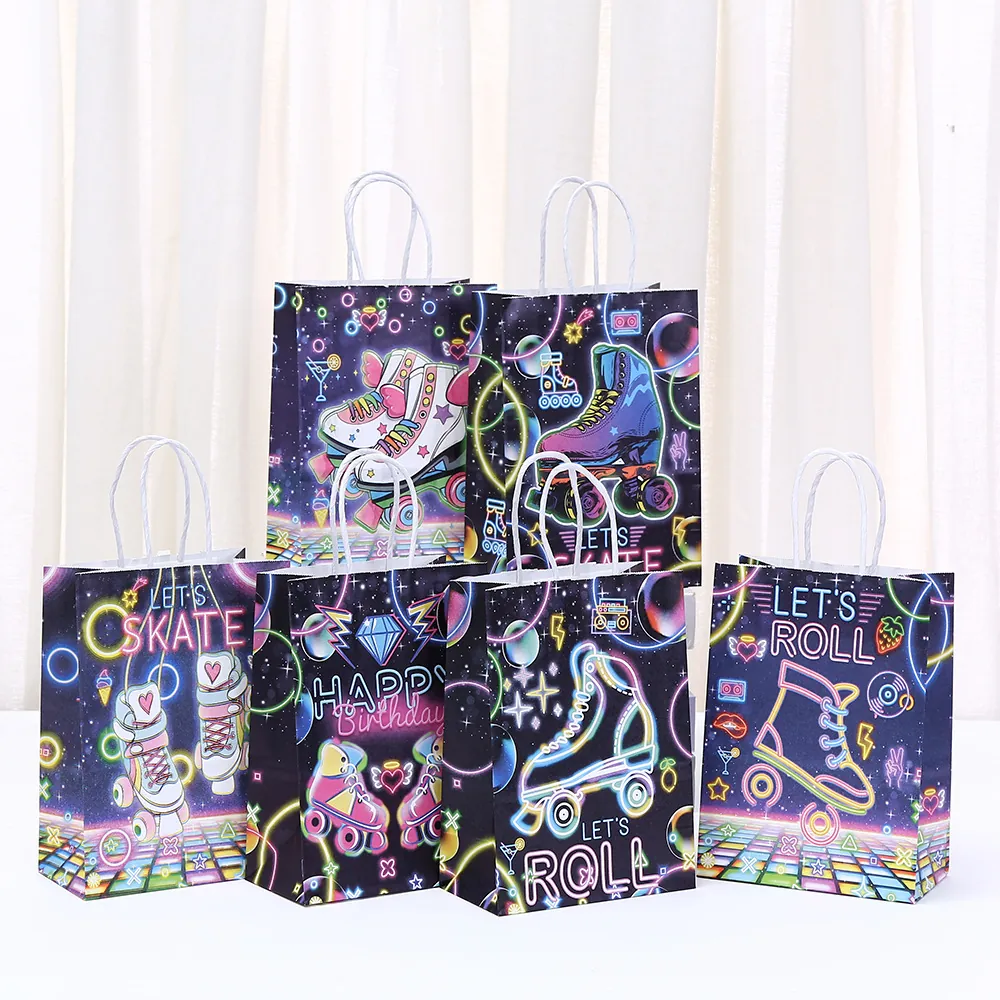 Retro Neon Rollschuh Kraftpapier Geschenktüten Mit Griffen Für Geburtstag Disco Party Dekorative Retro Handtaschen