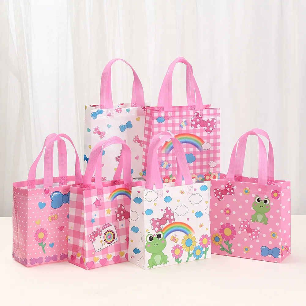 Sac Fourre-Tout en Tissu Non-Tissé Imprimé Rose Mignon Sac d'Emballage Cadeau Animal de Dessin Animé pour Fête d'Anniversaire Enfants