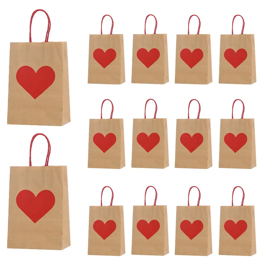 Valentine's Day Heart Pattern Kraft Paper Gift Bags With Handles Wedding Party Favor Bags Shopping Packing Bags For Gifts