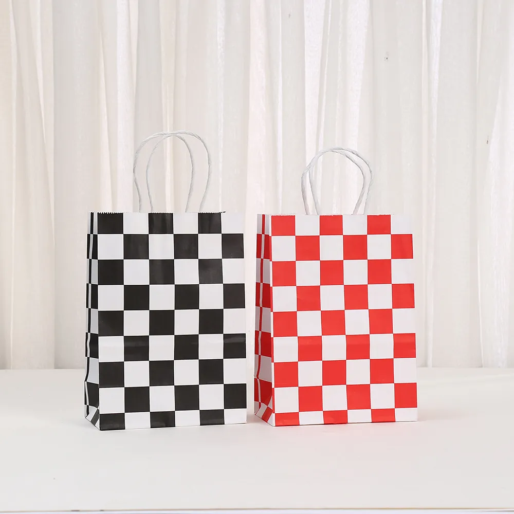 Checkerboard Kraft Paper Gift Bag Portable Handheld Shopping Bag With Handle For Party Birthday Gift Wrapping Packaging