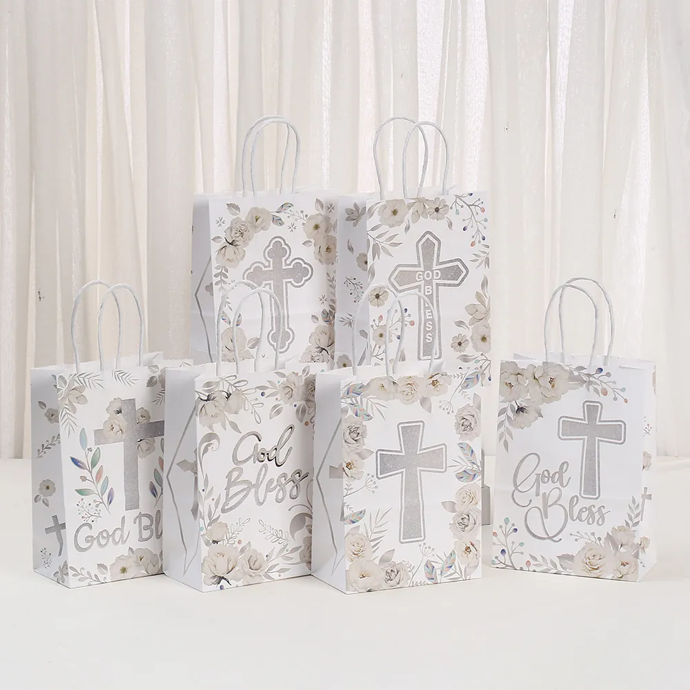 White God Bless Paper Gift Bag With Silver Glitter Cross And Flower Design For Baptism Wedding Religious Party Favor Bag