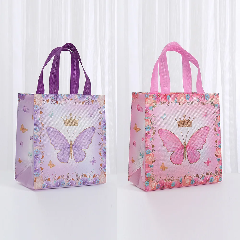 Borsa Regalo Romantica in Tessuto Non Tessuto Con Stampa Farfalla e Corona Floreale Impermeabile Riutilizzabile Per Festa Matrimonio