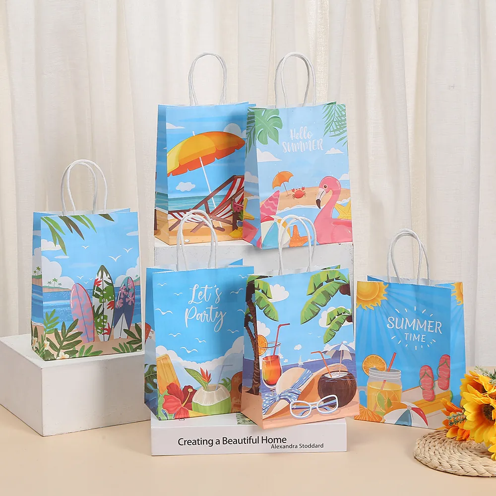 Summer Beach Theme Paper Gift Bags With Handles Fruit Lemon Flamingo Print Party Favors Shopping Packaging Handheld Bag