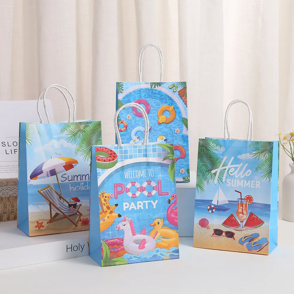 Sacs Cadeaux en Papier Kraft Thème Requin Océan Été Avec Poignées Sac de Shopping Dessin Animé pour Mariage Anniversaire