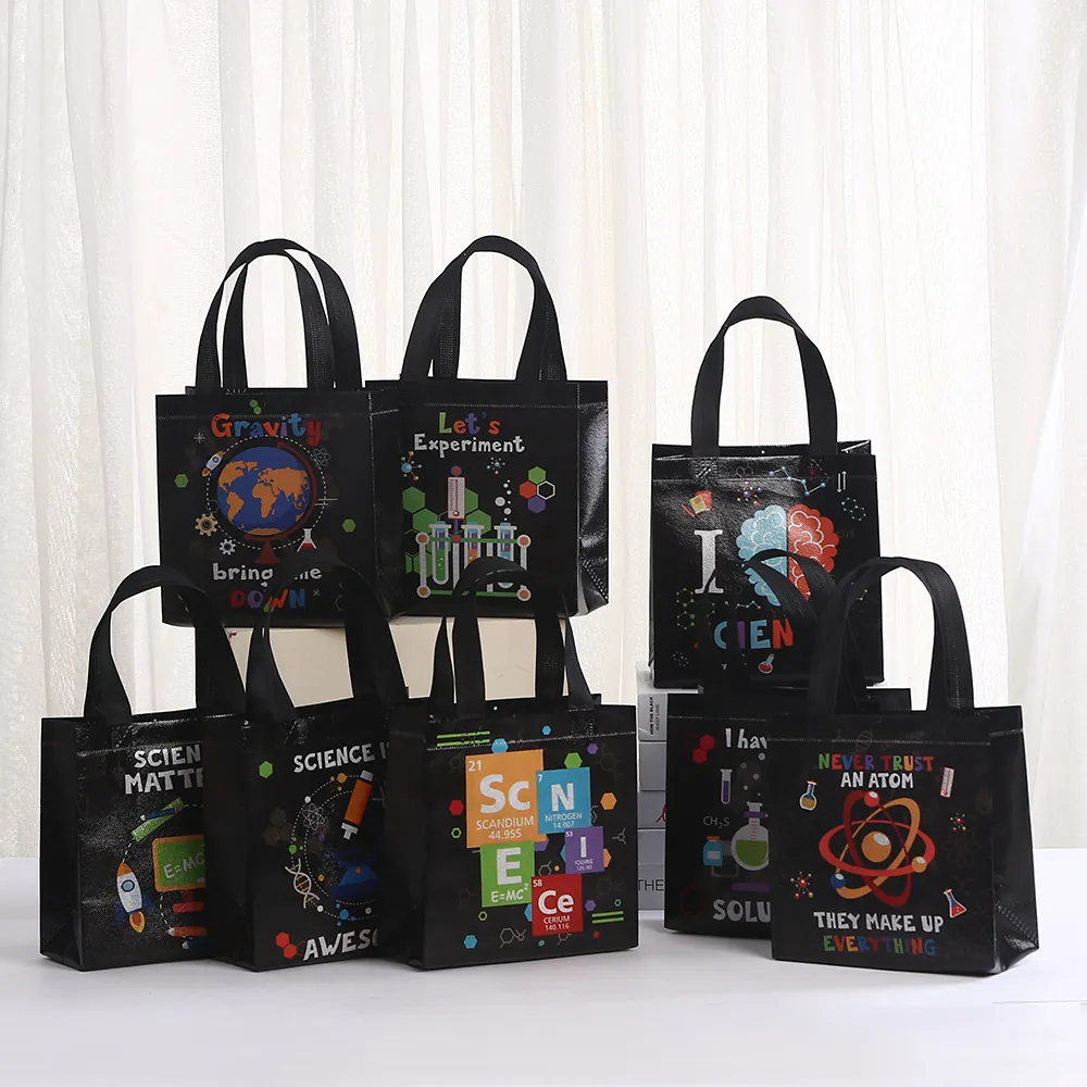 Science Theme Non-Woven Gift Bags Educational Lab Elements Printed Party Favor Bags Portable Reusable Shopping Totes For Students Teachers