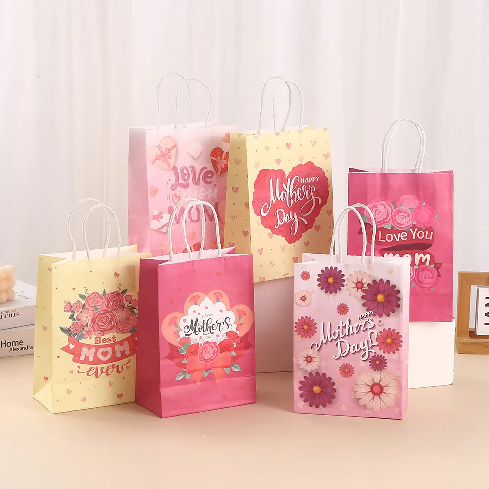 Kraft Paper Mother's Day Gift Bags With Handles Happy Mother's Day Best Mom Ever Floral Heart Print Party Favor Wrapping Bags For Women Gift