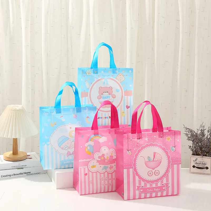 Waterproof Non-Woven Fabric Baby Shower Gift Bag Cartoon Bear Welcome Baby Printed Handbag Reusable Shopping Bag Birthday Party Favor Bag