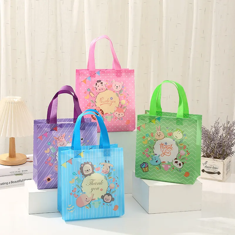 Cartoon Tier Vliesstoff Geschenktüte Mit Thank You Aufdruck Wasserdicht Tragbare Wiederverwendbare Tasche Für Party Shopping