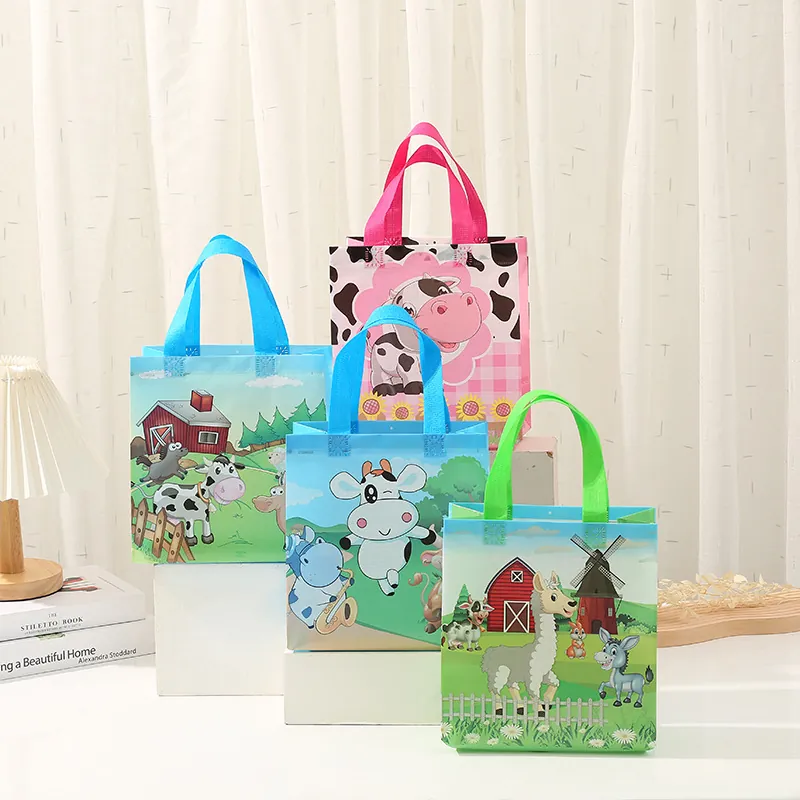Borse a Mano in Tessuto Non Tessuto Cartone Animato Animali Fattoria Mucca Stampata Laminate Borse Regalo Riutilizzabili per Compleanno Festa Sacchetto Imballaggio Impermeabile