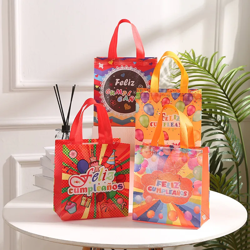 Feliz Cumpleanos Laminated Nonwoven Birthday Gift Bag Waterproof Tote Bag Party Favors Balloons Cake Pattern Gift Wrap