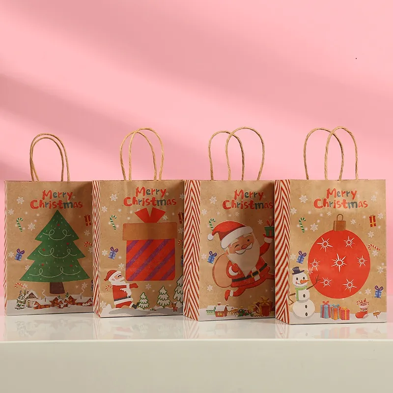 Sacchetti Regalo in Carta Kraft di Natale Con Manici Merry Christmas Babbo Natale Stampati Confezioni Regalo Per Festa