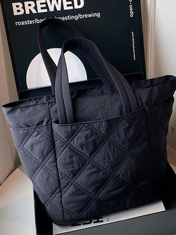 Women Quilted Tote Bag Diamond Pattern Large Capacity Polyester Handbag For Daily Shopping Commuter Minimalist Shoulder Bag