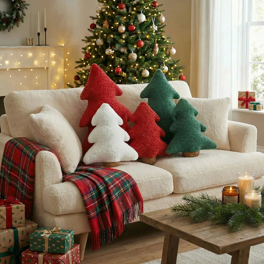 Sherpa Christmas Tree Shaped Plush Pillow Decorative Holiday Throw Cushion For Sofa Bed Soft Festive Home Decor Gift