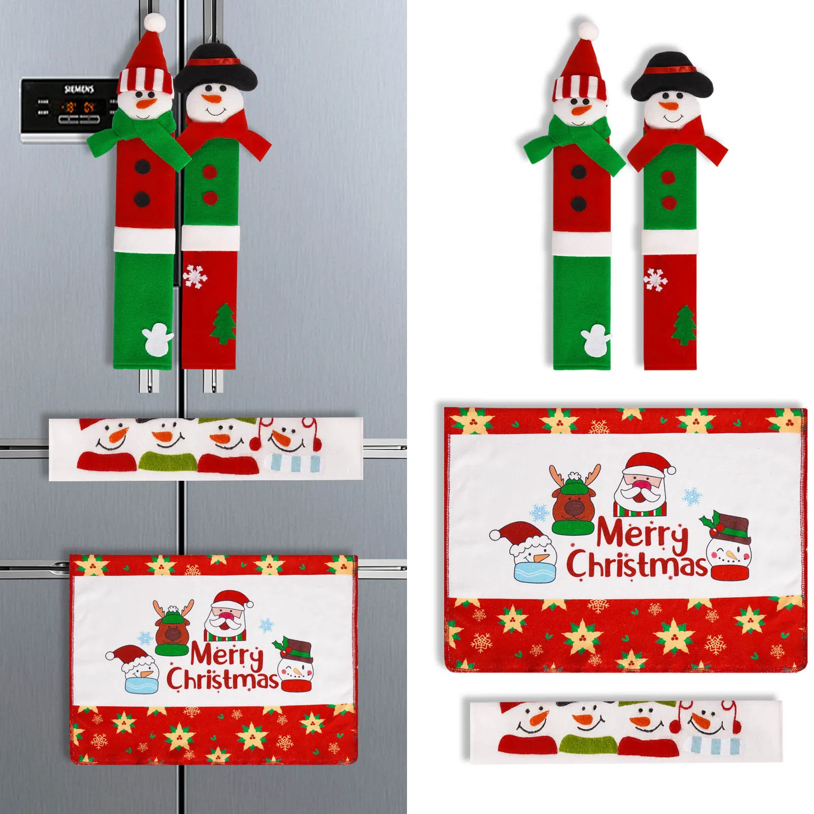 Four Piece Christmas Refrigerator Handle Covers Santa Snowman Kitchen Appliance Protector Sleeves For Festive Holiday Decor