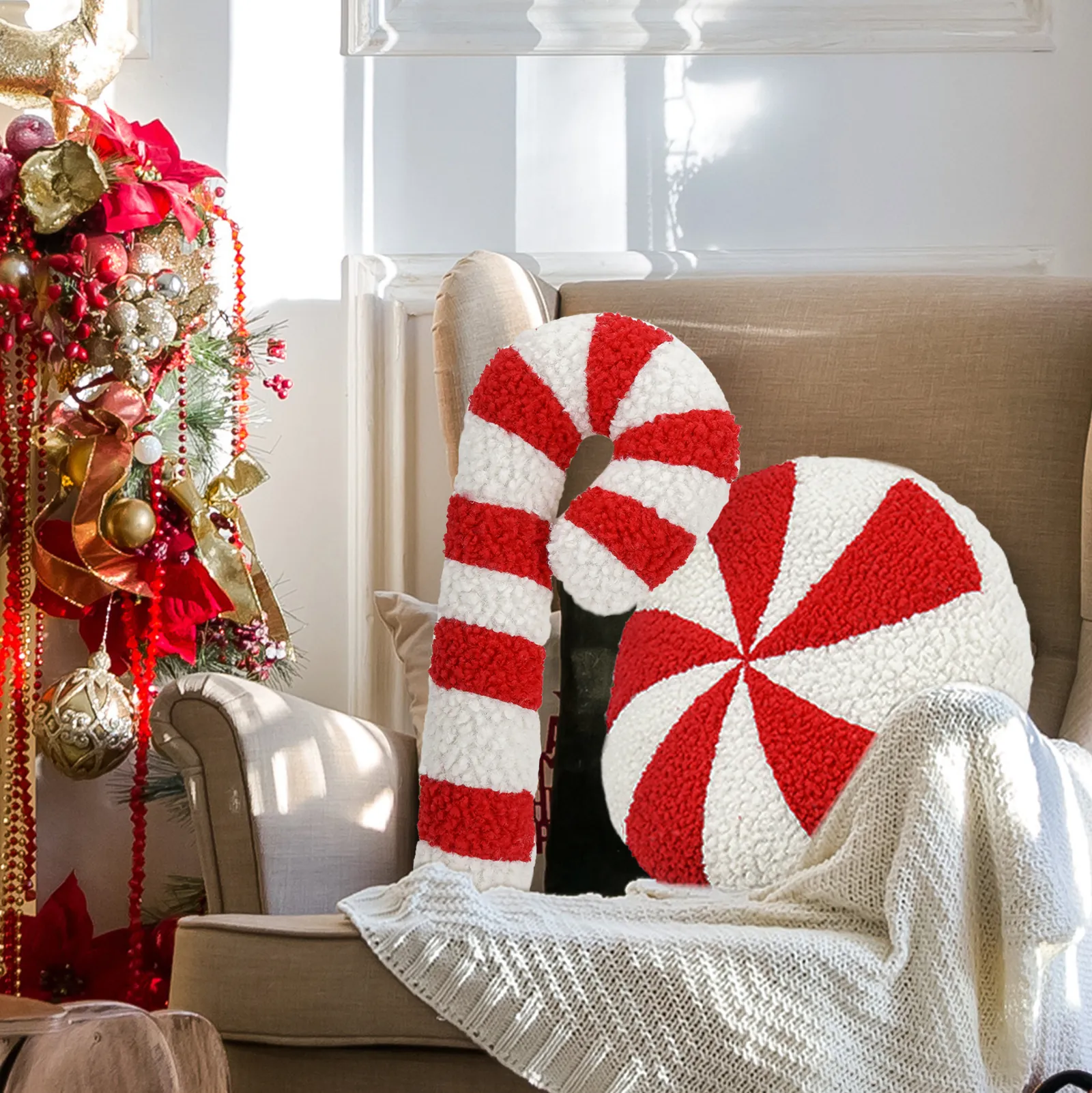 Christmas Red White Striped Candy Shaped Pillow Sherpa Fleece Decorative Throw Pillow Round Peppermint Cushion Candy Cane Decor