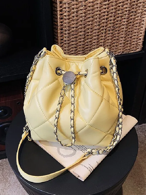 Elegant Women Quilted Bucket Bag PU Leather Rhombic Pattern Drawstring Shoulder Crossbody Bag With Silver Chain Strap