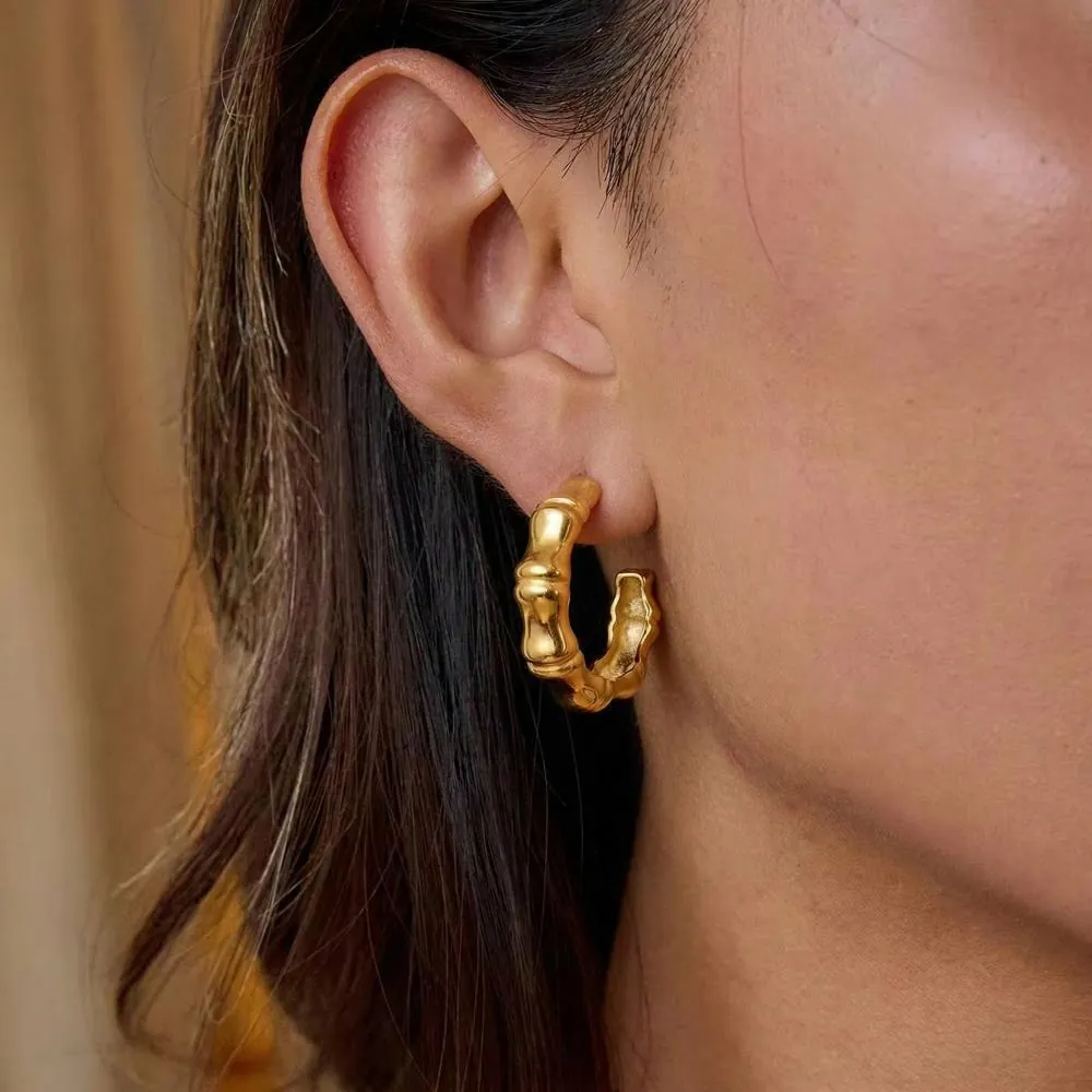 Bamboo Texture C Shaped Hoop Earrings 304 Stainless Steel 18K Gold Plated Geometric Jewelry For Women