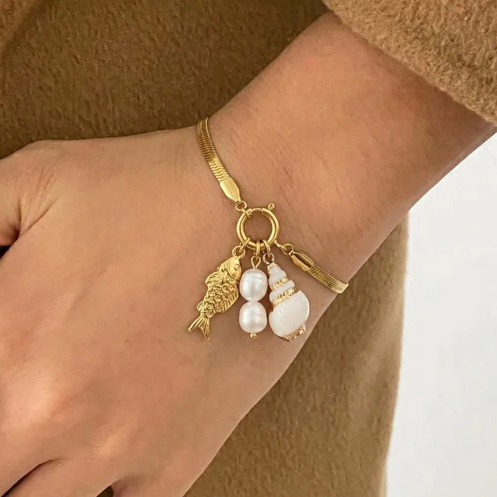 Bracciale Charm Oceano Placcato Oro 18K Acciaio Inossidabile Catena Serpente Con Perla Artificial Conchiglia Pesce Gioielli Vacanza Donna