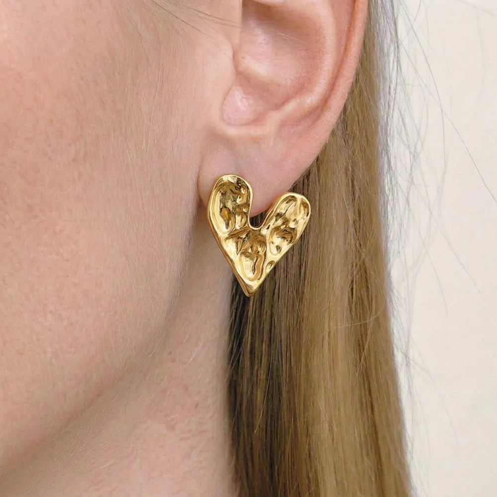 Boucles D'oreilles Cœur Acier Inoxydable 304 Plaqué Or 18K Texture De Lave Irrégulière Imperméable Hypoallergénique Femmes