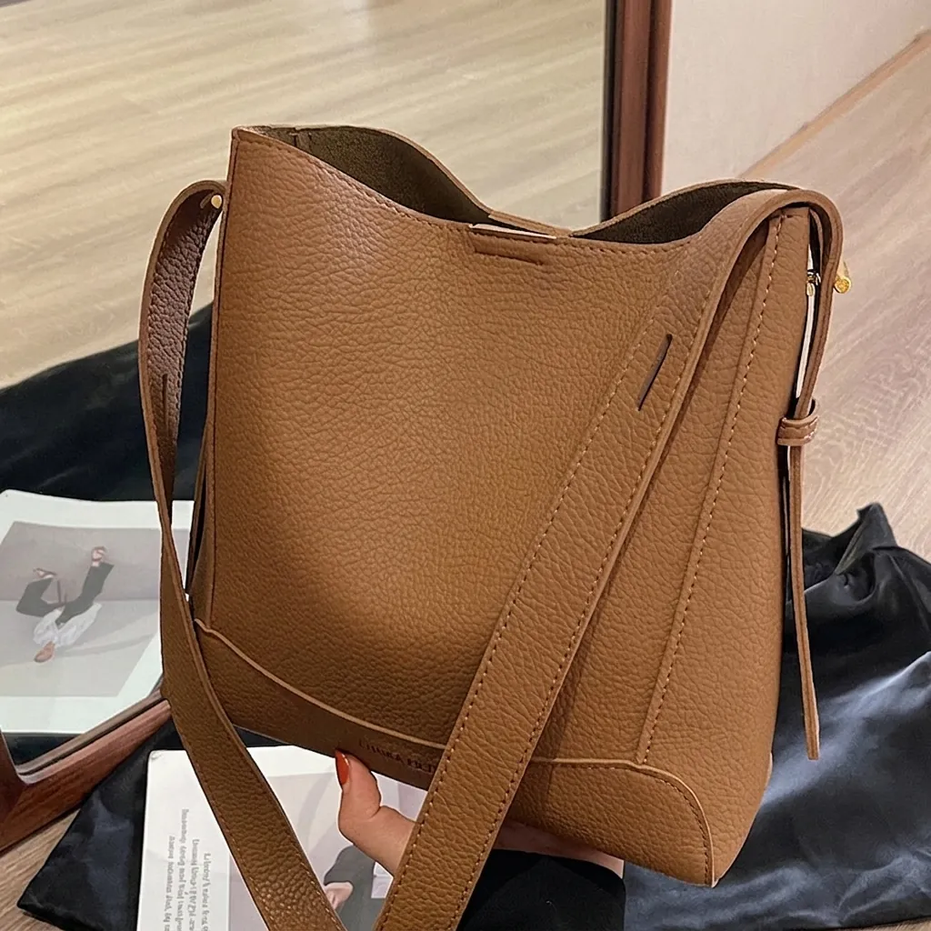 Vintage Women PU Leather Bucket Bag Minimalist Lychee Pattern Single Shoulder Crossbody Bag With Adjustable Strap