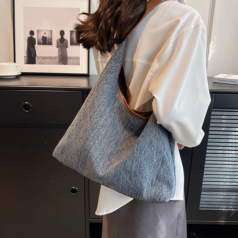Vintage Denim Quilted Tote Bag For Women Large Capacity Shoulder Hobo Bag With Brown Faux Leather Trim Wash Denim Fabric