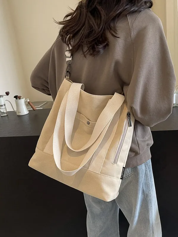 Large Capacity Canvas Tote Bag For Women Multifunctional Shoulder Bag With Side Zip Pocket Adjustable Strap Casual Satchel