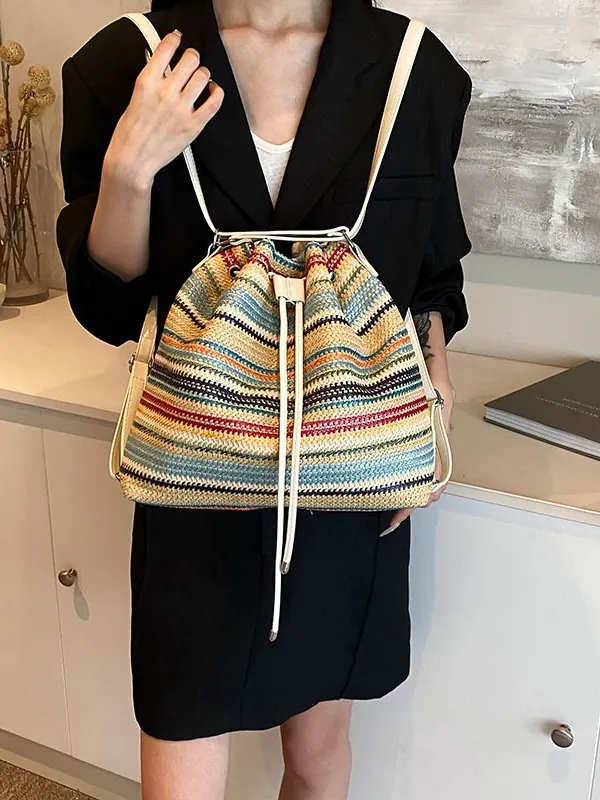 Women Woven Straw Backpack Colorful Stripes Summer Beach Bucket Bag With Drawstring Closure Fashion Small Vacation Backpack