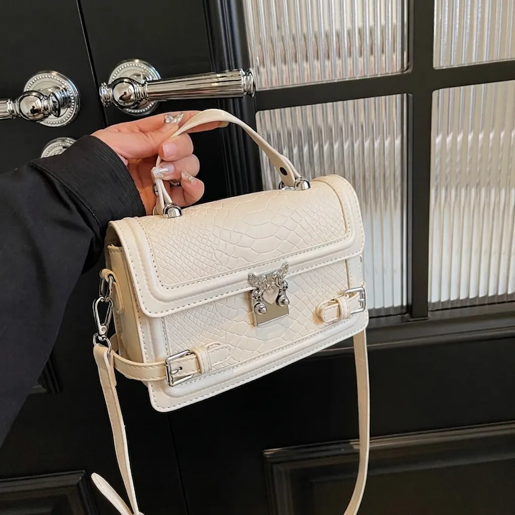 Women Retro Crocodile Pattern Embossed PU Leather Small Square Bag Top Handle Silver Wing Lock Crossbody Handbag