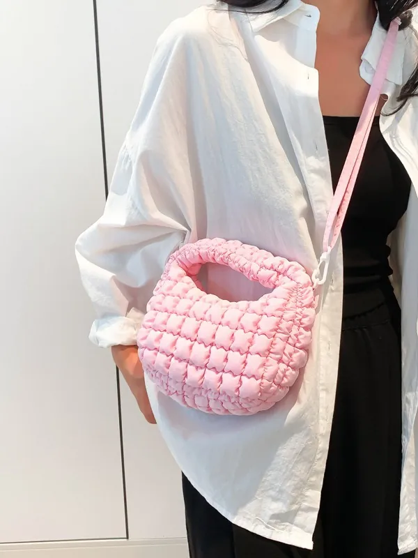 Quilted Puffy Shoulder Bag For Women Nylon Bubble Texture Crossbody Bag Cloud Dumpling Handbag With Adjustable Strap