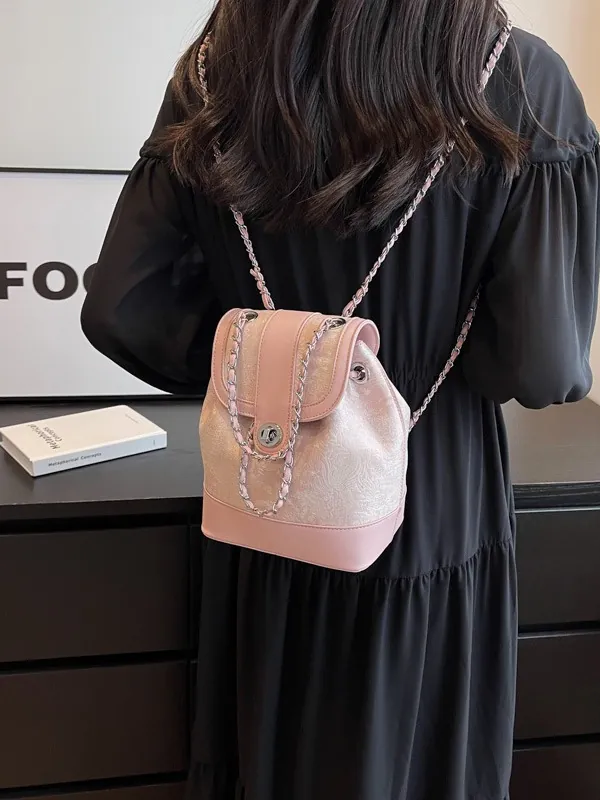 Zaino a Secchiello in Jacquard Moda Donna Elegante Motivo Floreale Pelle PU Tracolla a Catena Mini Borsa Scuola Con Chiusura