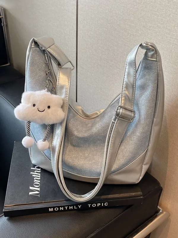 Women Denim Patchwork Hobo Bag Large Capacity Underarm Shoulder Bag With Cloud Charm Adjustable Strap Crossbody Bag