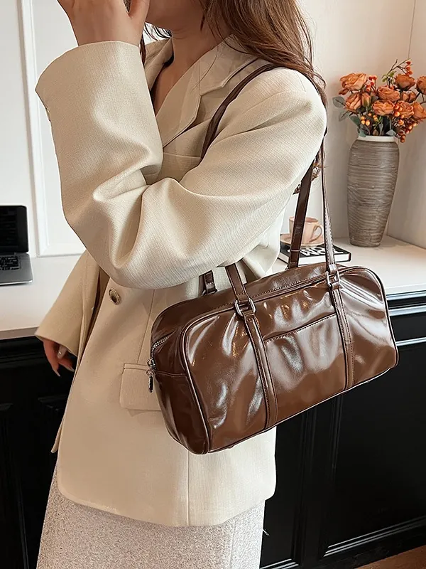 Women Retro Glossy PU Leather Shoulder Bag Large Capacity Solid Color Top Handle Boston Pillow Bag For Office Daily Commute