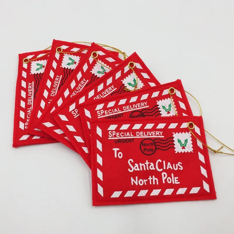 Décoration Suspendue Enveloppe de Noël en Feutre Sac de Courrier Rouge Père Noël pour Ornement de Sapin Bonbons Porte-Carte Cadeau