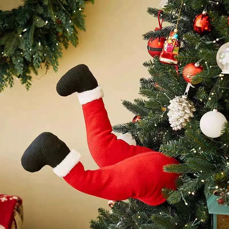 Funny Christmas Santa Elf Legs Tree Decoration Plush Stuffed Santa Claus Feet Hanging Ornament For Home Party Festive Decor