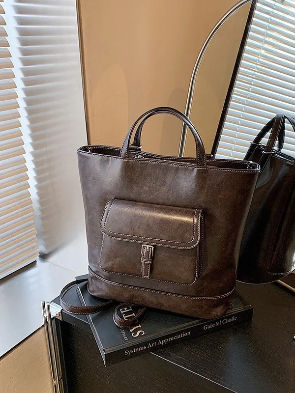 Vintage PU Leather Large Capacity Women Backpack Tote Bag With Front Flap Pocket Contrast Stitching Retro Shoulder Bag