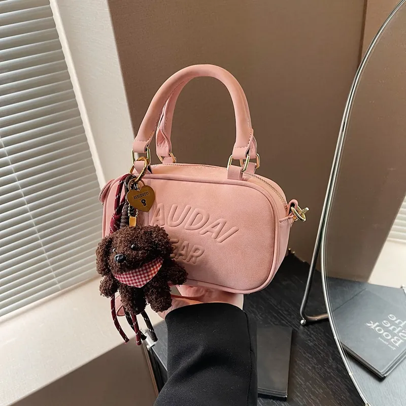 Women Fashion Matte PU Leather Crossbody Bag Casual Letter Embossed Boston Handbag With Plush Teddy Bear Charm Shoulder Bag