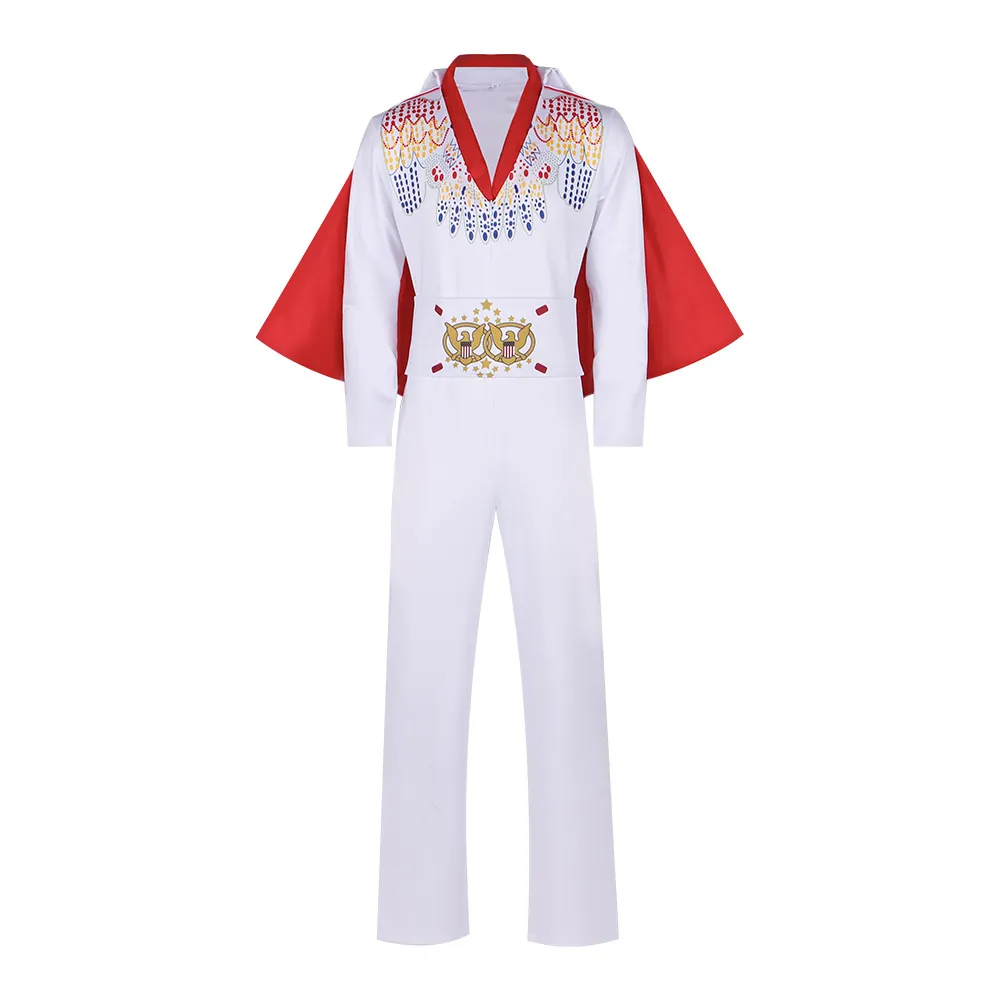 Rock Star Costume Men Retro White Jumpsuit With Red Cape Eagle Pattern Stage Performance Cosplay Outfit For Halloween Party