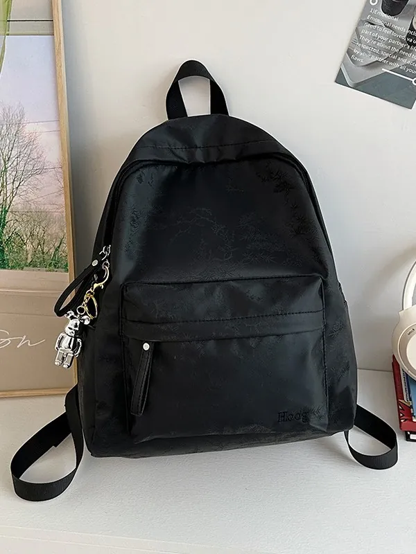 Women Fashion PU Leather Backpack Botanical Jacquard Pattern Student Schoolbag Lightweight Travel Daypack With Bear Pendant