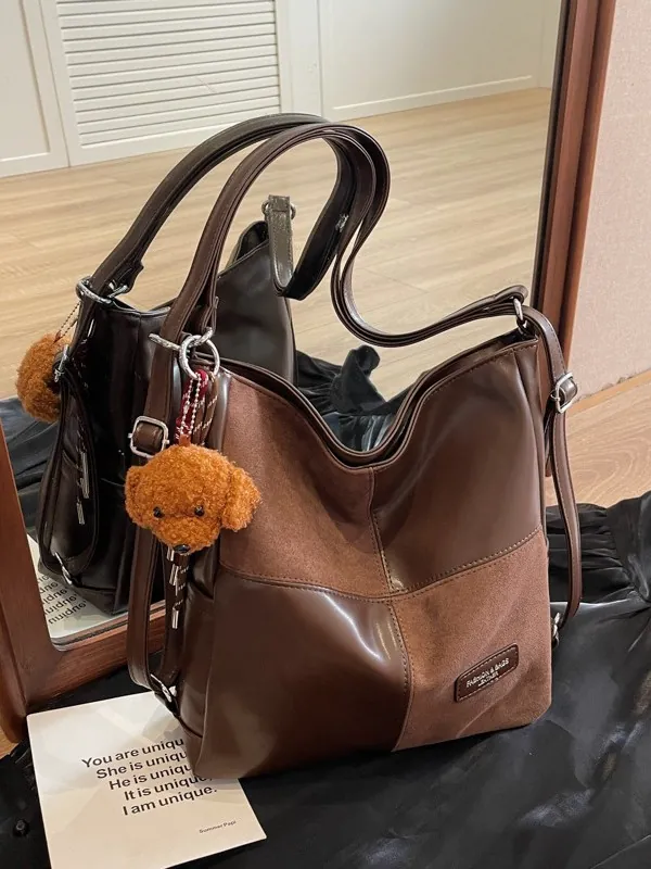 Vintage Large Capacity Stitching Tote Backpack For Women PU Leather Suede Patchwork Shoulder Bag With Teddy Dog Charm