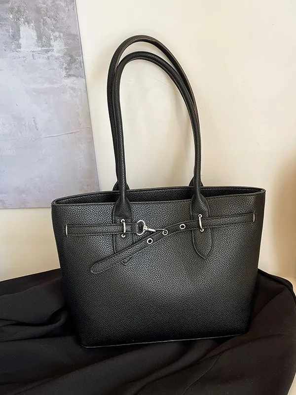 Sac Cabas pour Femmes en Cuir PU Motif Litchi Grande Capacité Sac à Bandoulière avec Ceinture Décorative Boucle en Métal