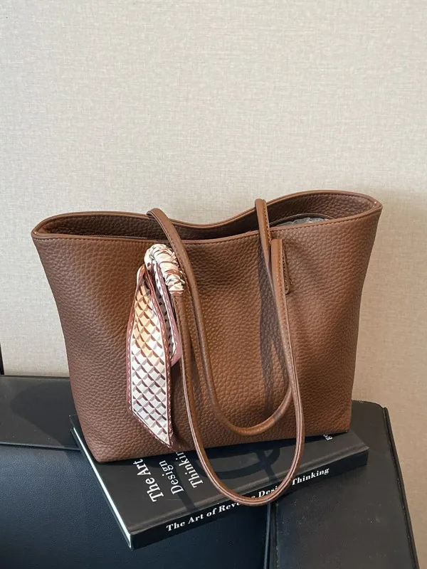 Women Large Capacity PU Leather Tote Bag Pebbled Texture Commuter Shoulder Bag With Decorative Scarf Work Office Handbag
