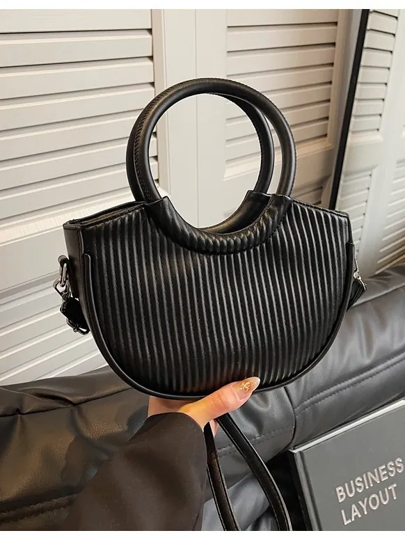 Women Pleated Half Moon Crossbody Bag PU Leather Round Handle Shoulder Bag Solid Color Vertical Texture Bag Handbag