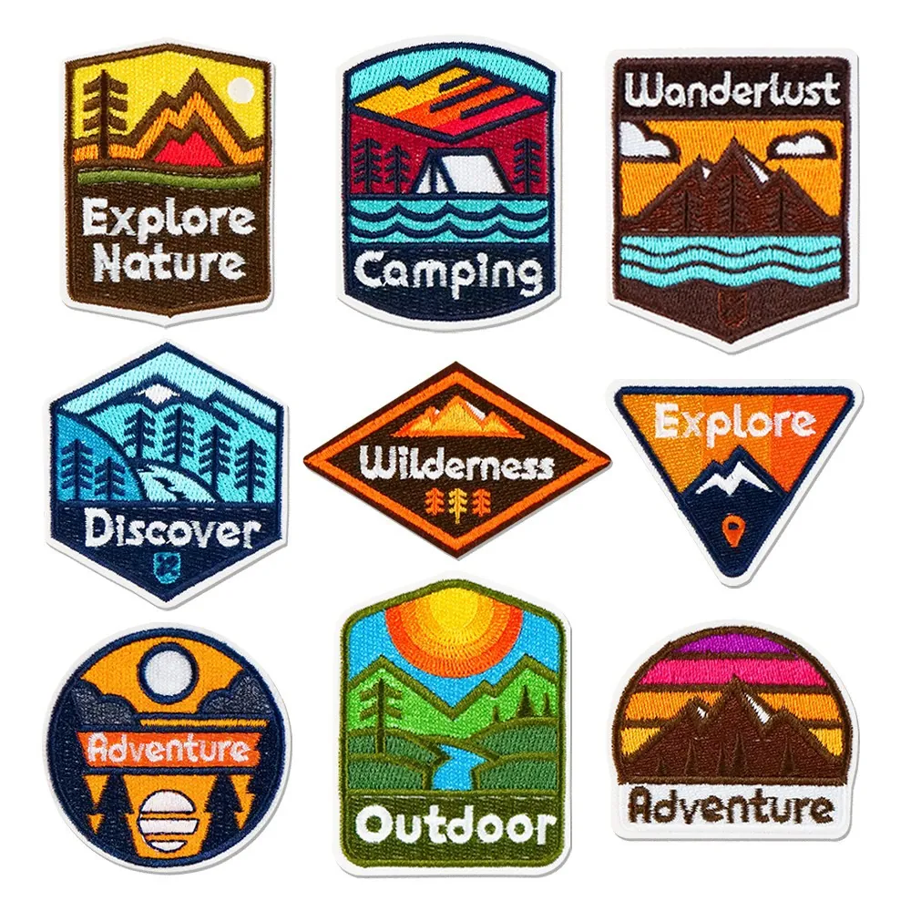 Outdoor Camping Theme Embroidery Patches Mountains Forest Tent Design Iron On Sew On Decorative Patches For Backpack Clothes DIY Decor