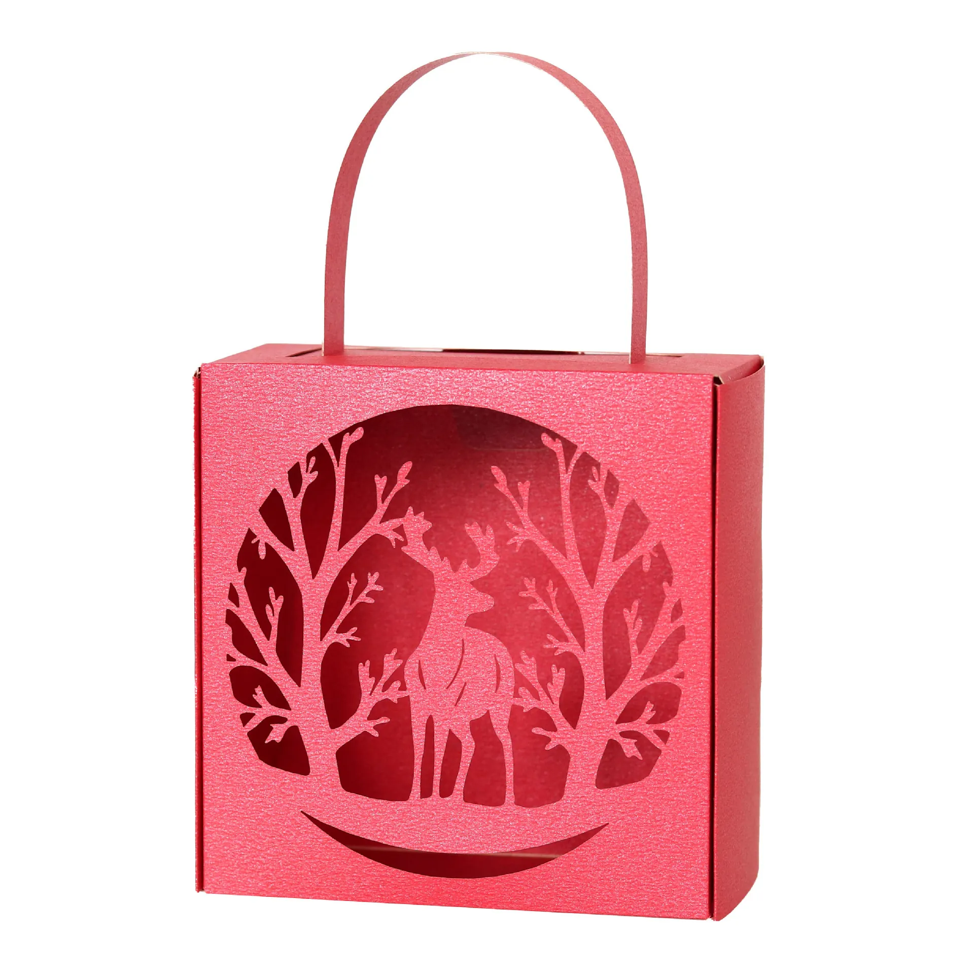 Laser Cut Christmas Reindeer Forest Candy Box Pearlescent Paper Gift Packaging With Handle For Wedding Party Decoration