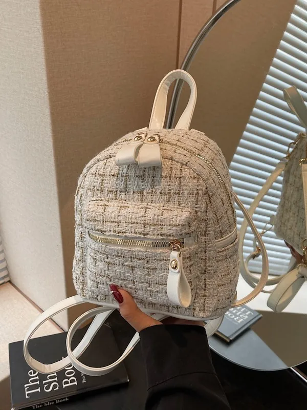 Mini Sac à Dos en Tweed pour Femmes Élégant Plaid Fil d'Or Petit Sac à Dos pour Navettage Voyage Mode Lady Sac à Épaule