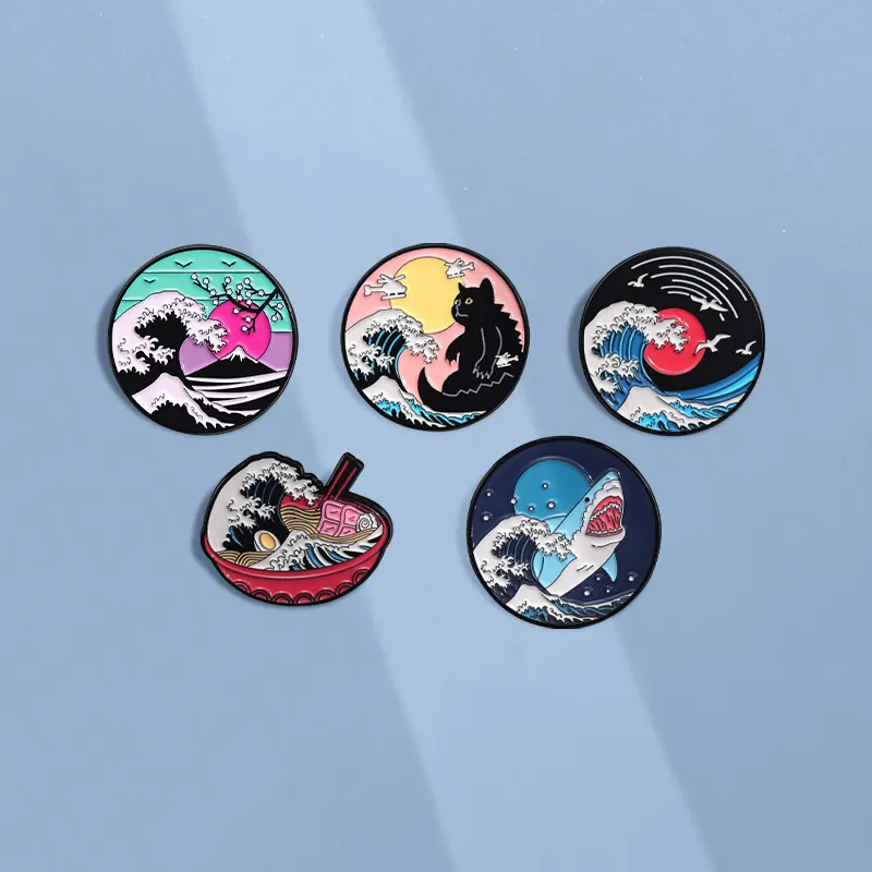 Creative Enamel Brooch Alloy Badge Great Wave Japanese Ukiyo-e Style Wave Cat Shark Ramen Pin For Backpack Clothes Jewelry