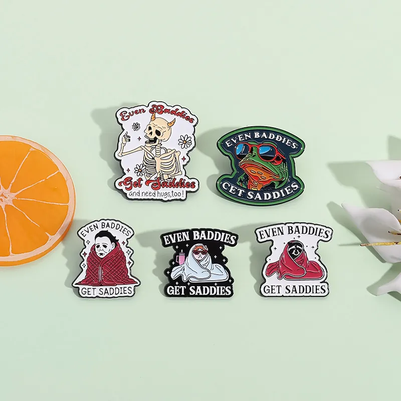 Even Baddies Get Saddies Alloy Enamel Pin Michael Myers Halloween Skull Frog Cat Raccoon Punk Cartoon Badge Brooch Gift