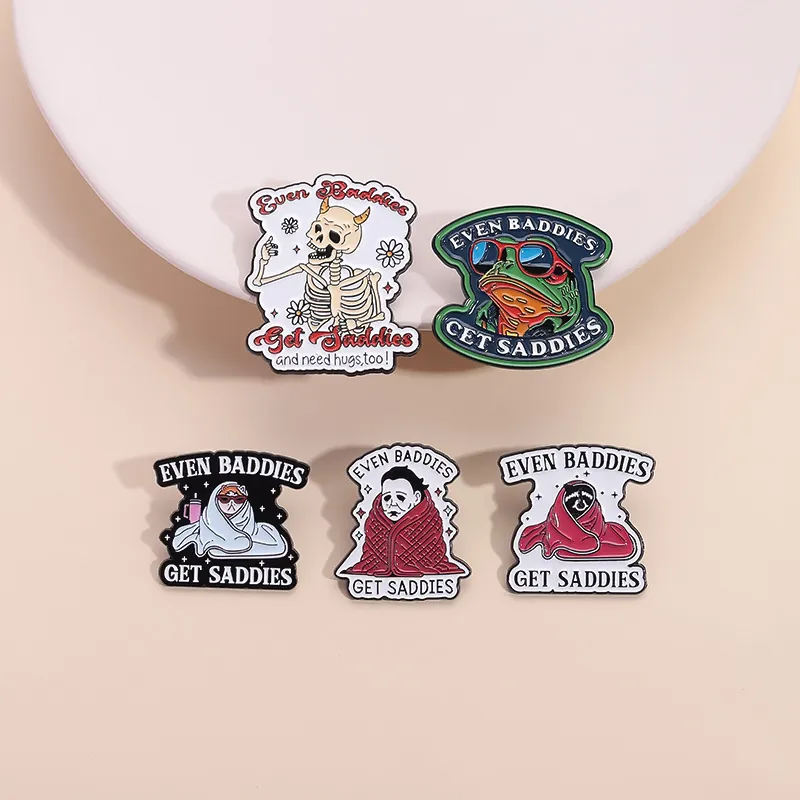 Punk Enamel Pin Set Zinc Alloy Skeleton Green Frog Halloween Mask Brooch Even Baddies Get Saddies Lapel Pin For Bags Decor