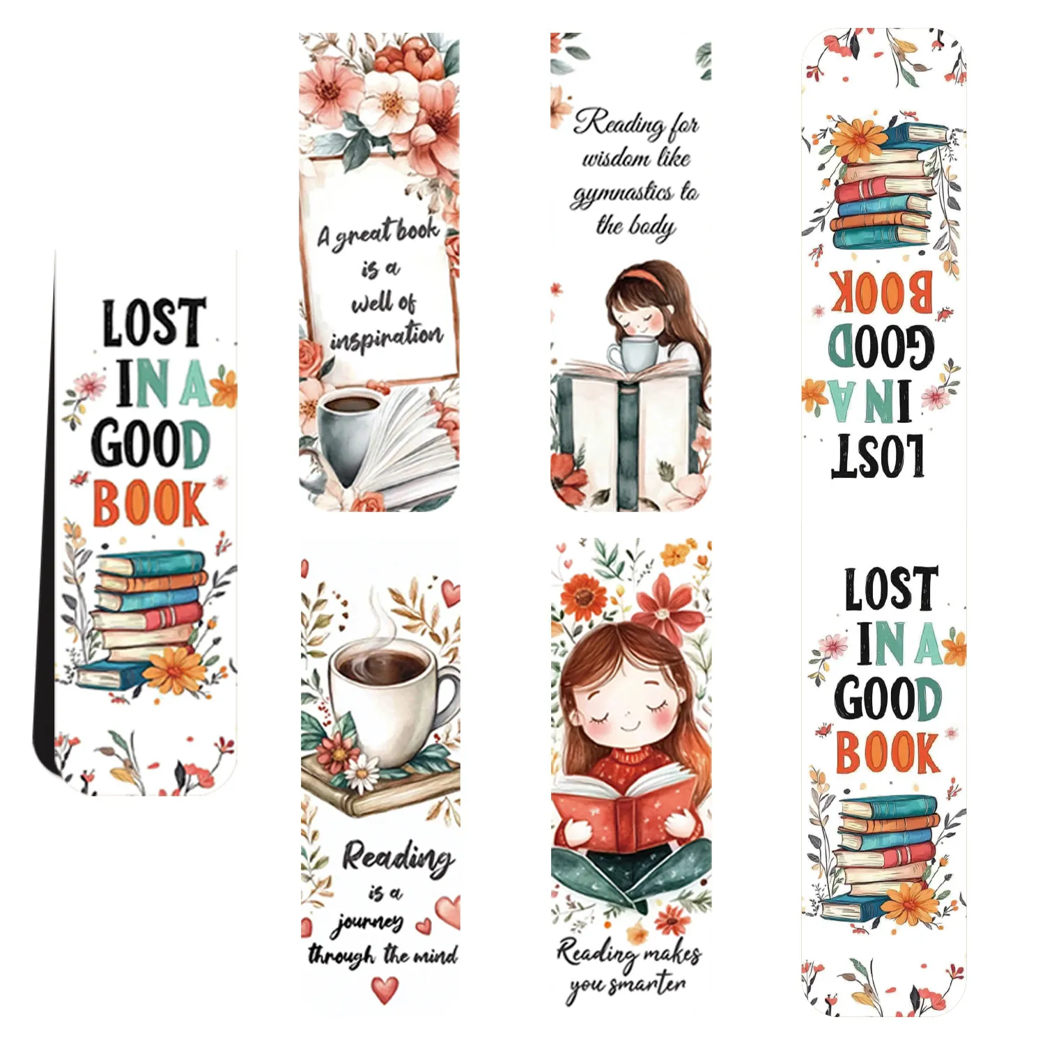 Magnetic Bookmarks Set Reading Themed Floral Girl Watercolor Magnet Page Markers For Students Books Stationery Gift