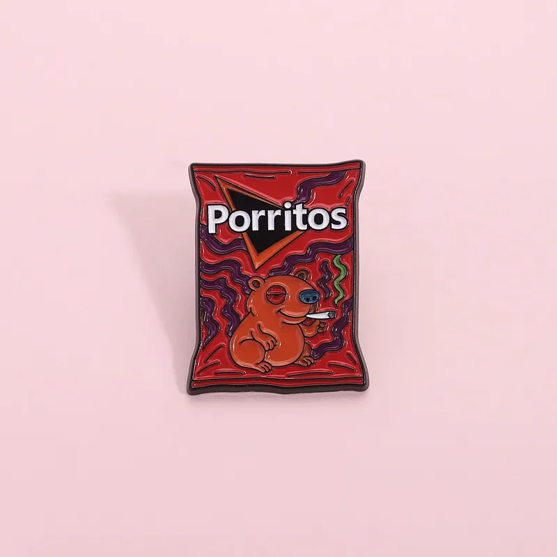 Funny Smoking Capybara Enamel Pin Brooch Creative Potato Chip Bag Design Zinc Alloy Badge For Backpack Clothing Decor
